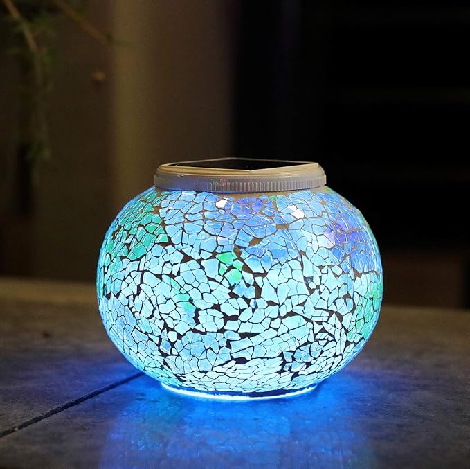 Color Changing Solar Powered Glass Mosaic Ball Led Garden Lights, Rechargeable Solar Table Lights, Outdoor Waterproof Solar Night Lights Table Lamps for Decorations, Ideal Gifts