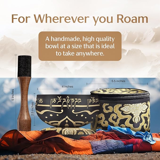 Handmade Tibetan Etched Singing Bowl Set with Case – Meditation Bowl & Sound Bowl with Cushion, Mallet & Guide – Stress Relief Instruments – Yoga Therapy Tools – Mindfulness Gift Set