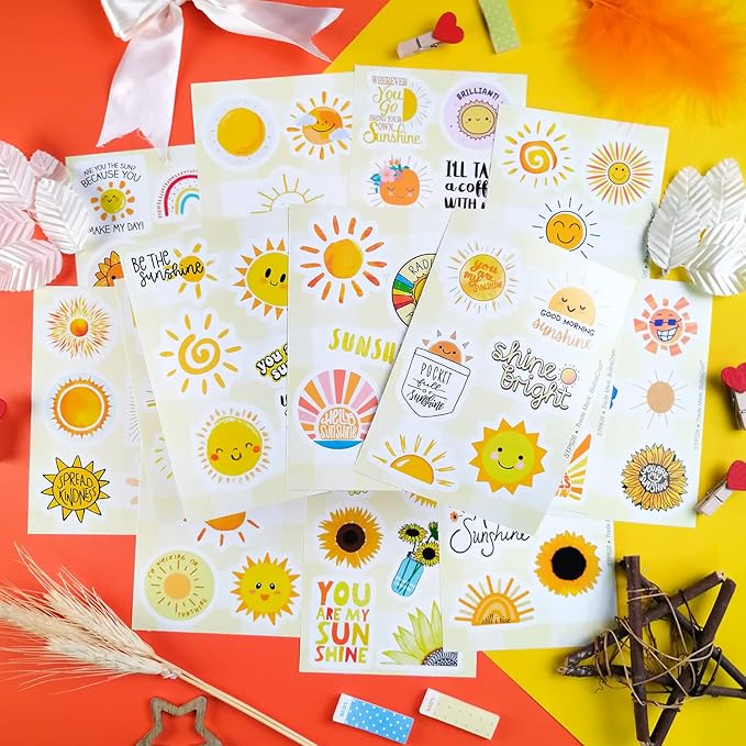 BulbaCraft 100Pcs Small Sunshine Stickers, Sun Stickers and Decals for Laptop and Water Bottles, You are My Sunshine Decals and Party Favors, Sun Birthday Party Decorations, Gifts for Women & Men