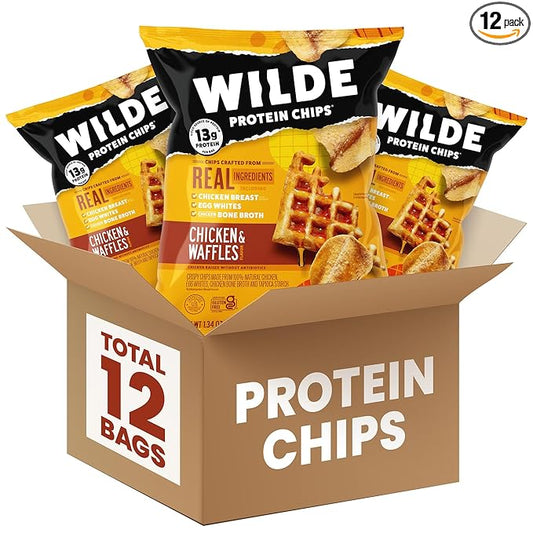 WILDE Protein Chips Chicken & Waffles, High Protein Snacks for Adults, Keto Chips, Gluten Free, Low Carb Snack Box Made with Real Ingredients 1.34oz Bags, Pack of 12