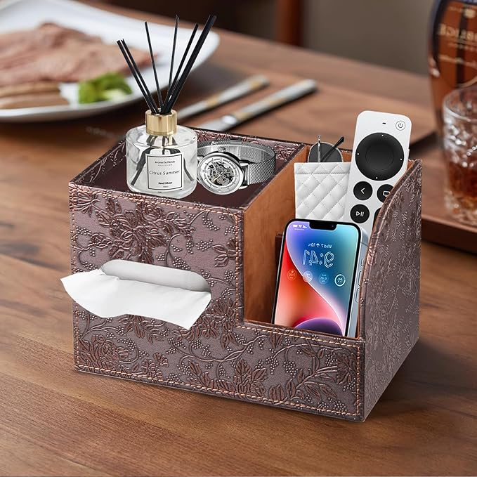 Leather Square Tissue Box Cover with Storage Tray,Cube Tissue Box Holder,Modern Facial Paper Organizer with Remote Control Holder for Bathroom,Vanity Countertop,End Table NightStand Home Office