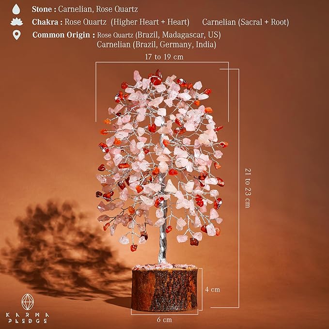 KARMAPLEDGE Healing Crystals Chakra Tree of Life for Positive Energy & Protection & Good Luck, Money, Feng Shui Decor for Home and Office Desk Decoration, Spiritual Gifts (Rose, Carnelian Dual Beads)
