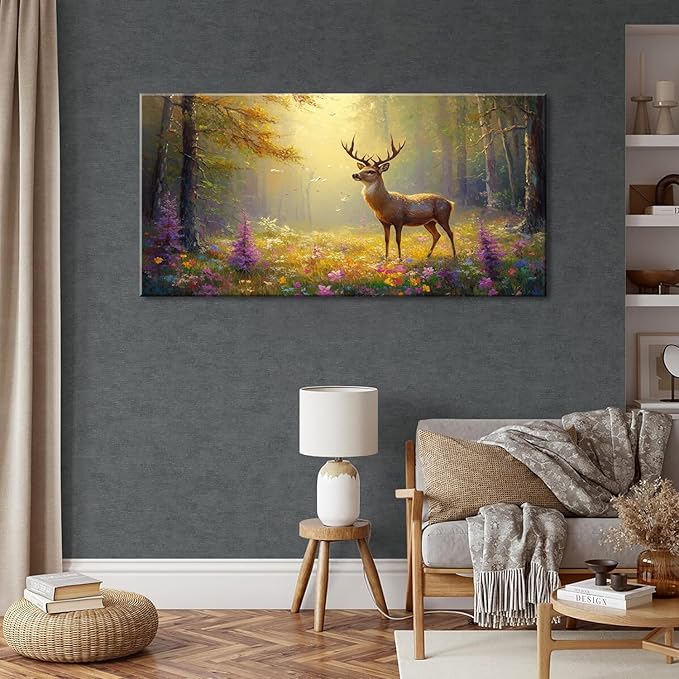ZESTRILIA Pretty Deer Forest Wall Art for Living Room Office Gold Mustard Yellow Wildlife Wildflower Canvas Painting Prints Spring Wild Life Artwork Girls Bedroom Decor Extra Large (58x28 Inches)
