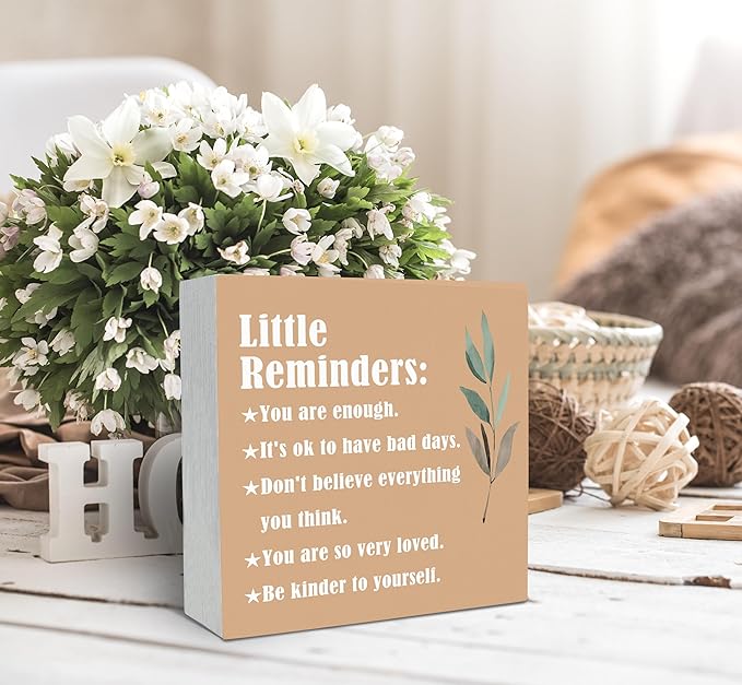 SRADMO Inspirational Little Reminders Wood Box Sign Desk Decor, Inspirational Desk Decor, College Motivational Positive Affirmation Gifts Box Sign For Office Home Dorm Tabletop Decoration(Orange)