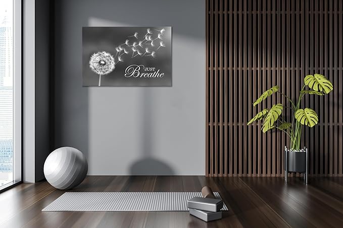 SKASNFAI Black and White Dandelion Zen Wall Art Canvas Just Breathe Motivation Positive Picture Art Print for Spa Yoga Meditation Wall Decor Ready to Hang (24L x 36W)