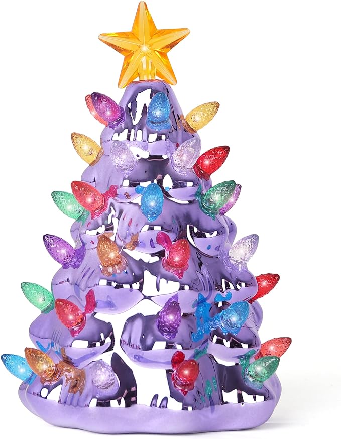 Milltown Merchants Ceramic Christmas Tree Night Light - Plug-in Vintage Tree with Lights - Mini Decorative Night Light (Pearl Violet)