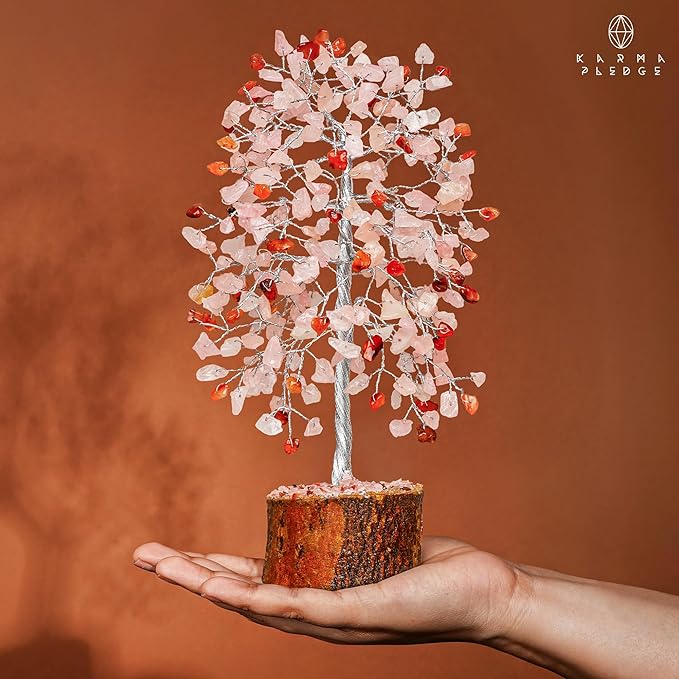 KARMAPLEDGE Healing Crystals Chakra Tree of Life for Positive Energy & Protection & Good Luck, Money, Feng Shui Decor for Home and Office Desk Decoration, Spiritual Gifts (Rose, Carnelian Dual Beads)