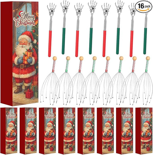 16 Pcs Head Massager and Back Scratcher with Christmas Gift Box, Scalp Massager Extendable Back Scratcher Tool for Body Relax Stress Relief Stocking Stuffers for Men Women(Ghost Claw)