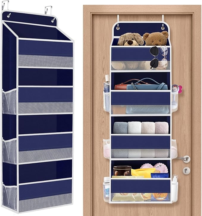 1 Pack Over The Door Organizer, Hanging Storage Organizer with Clear Window, 40lb Ultra Sturdy Large Capacity Room Organizer for Pantry Laundry Bathroom Nursery Closet (Blue)