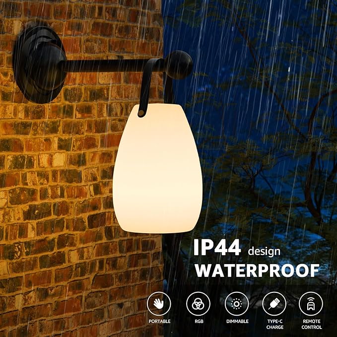 uuffoo Portable Outdoor Table Lamp - Dimmable Rechargeable Night Lights w/Remote and 7 RGB Colors, IP44 Water-Resistant Hanging Lantern for Patio, Tent, Bedroom, Garden, Emergency