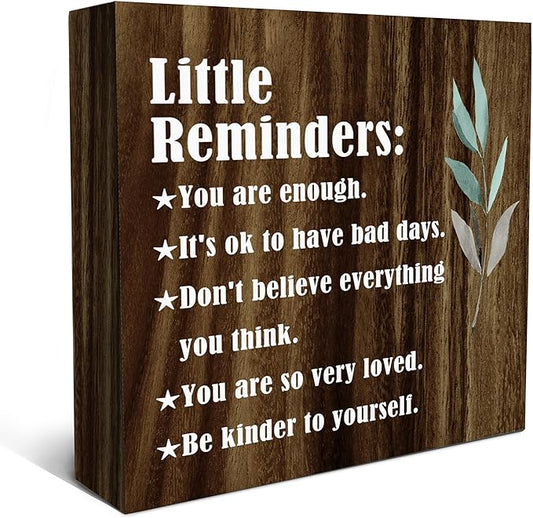 SRADMO Inspirational Little Reminders Wood Box Sign Desk Decor, Inspirational Desk Decor, College Motivational Positive Affirmation Gifts Box Sign For Office Home Dorm Tabletop Shelf Decoration(Brown)