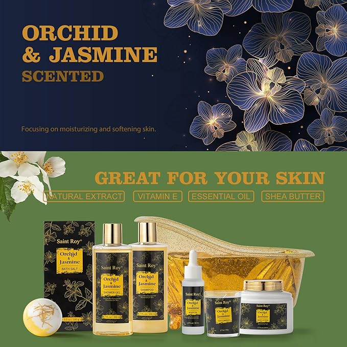 Luxury Home Spa Bath Gift Basket, Spa gift basket Christmas Gifts for Women men, Spa Kit Self-care Gifts, Spa Collection Gift, Orchid Jasmine Bath and Body Gift Pampering Spa Gifts Mother's Day Gift