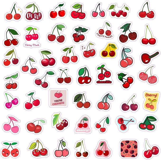 BulbaCraft Cherry Stickers for Water Bottle and Laptop - Fruit Party Favors & Decorations, Waterproof Vinyl Nature Decals, Cute Cherry Stickers Laptop Decals, Gifts for Women & Men