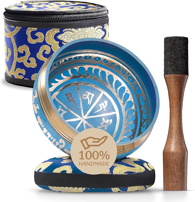 Handmade Tibetan Etched Singing Bowl Set with Case – Meditation Bowl & Sound Bowl with Cushion, Mallet & Guide – Ancient Tibetan Meditation Bowl for Therapy – Spiritual Decor Enhancements