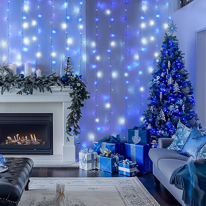 JMEXSUSS 300LED Christmas Curtain Lights Plug in with Remote, Blue and White Christmas Lights Indoor Outdoor, 8 Modes Hanging Fairy String Lights for Bedroom Window Wall Yard Patio Decor, 9.8x9.8ft