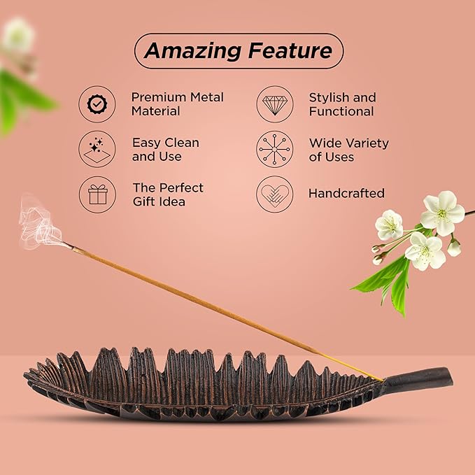 Raajsee Incense Holder Set With Nag Champa Sticks 15gm, Leaf Stick Burner, Brass Burner, Modern Holder for Yoga, Meditation, Home Decor - Size 10x4 Inches Copper