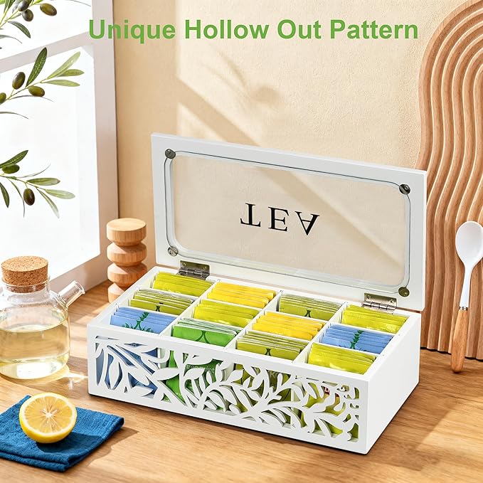 handrong Tea Box Organizer,Wood Tea Organizers and Storage,12 Compartments Teas Bag Organizers,Teas Bag Holder Organizer,Wooden Storage Box for Countertop Kitchen Cabinet Pantry