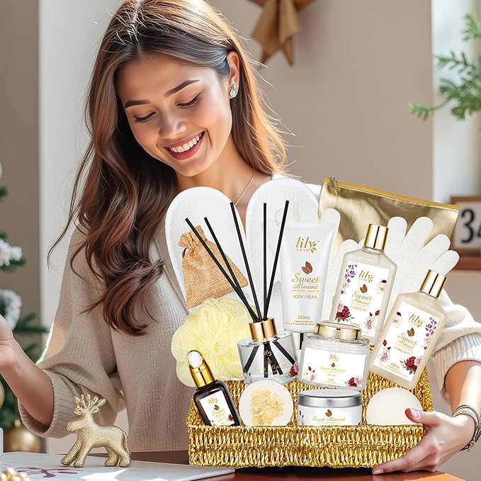 Christmas Spa Gift Basket Set for Women 17-Piece Almond Luxury Spa Gift Set Bath & Body Care Kit with Shower Gel, Body Cream | Valentine's, Mothers Day Gifts for Mom, Birthday Gifts for Her, Wife, Mom