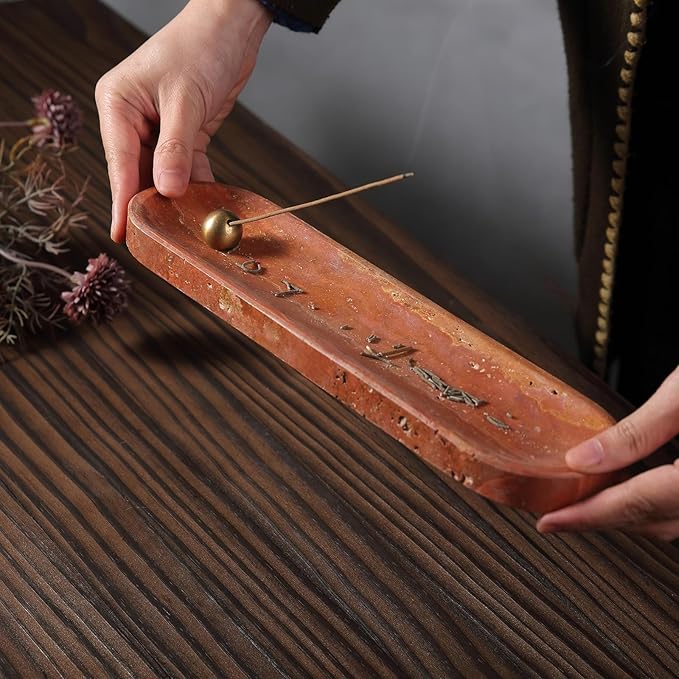 Koville Red Travertine Incense Holder, Incense Holder for Sticks, Natural Stone Incense Burner Ash Catcher for Meditation Yoga SPA, Balsam Fir/Palo Santo/Sage/Cone, Home Table Decor