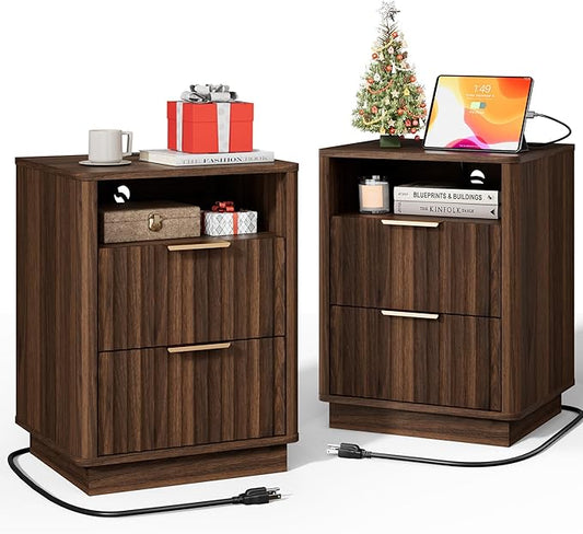 Fluted Nightstand Set of 2 with Charging Station, 18 inch Modern Farmhouse Night Stand, 2 Drawers End Table with Storage, Bedside Table for Bedroom Sofa Home Office, Curved Profile, Walnut