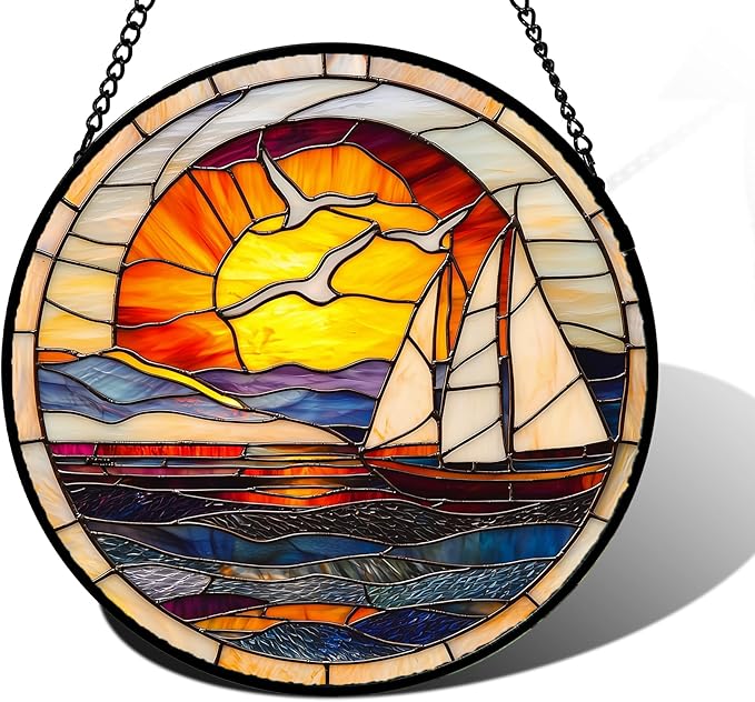 Stained Glass Window Hanging, Sun Ocean Sailboat Seagull Abstract Suncatcher Diamond Glass Panel Sun Catchers Decor for Birthday for Women, Men, Wife, Aunt, and Mom 11.8x11.8 in