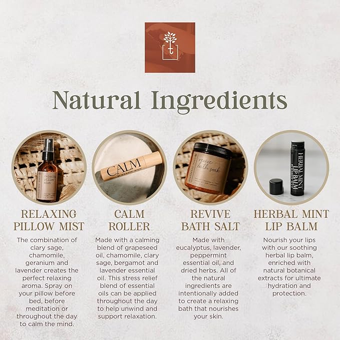 SOULISTIC ROOT Spa Kit for Women – Relaxing Self Care Gift Set with Lavender Pillow Spray, Mint Lip Balm, Calm Essential Oil Roller & Epsom Salt Bath Soak – Luxury Pampering Package for Home & Bath