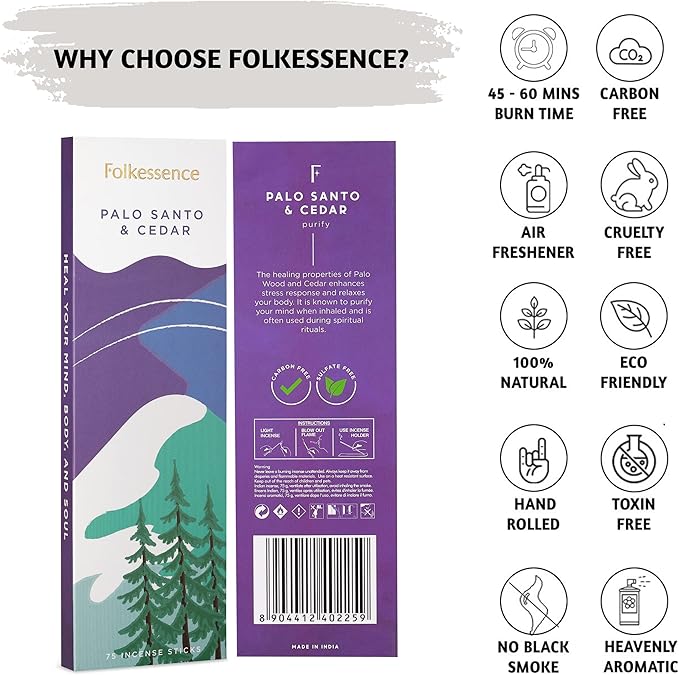 Folkulture Palo Santo Incense Sticks | Pack of 75 Non Toxic Cedar Incenses Stick for Meditation with 45 Min Burn Time | Organic Insence-Sticks | Aromatherapy Box Inscents-Stick for Spiritual Practice