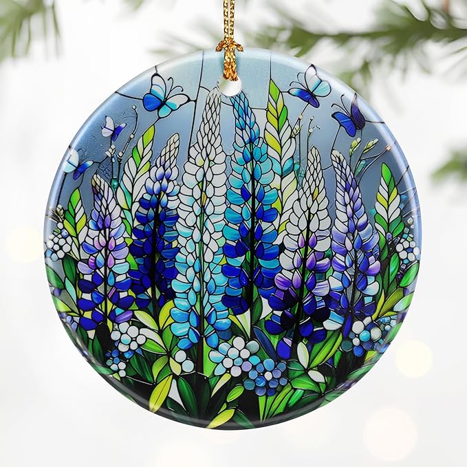 Lupine with Butterfly Ornament Ornament – Christmas Decoration & Christmas Ornament; Round Ceramic (Holiday Present, Bauble Present, Gift Idea, and Gift Exchange) | Heirloom Keepsake