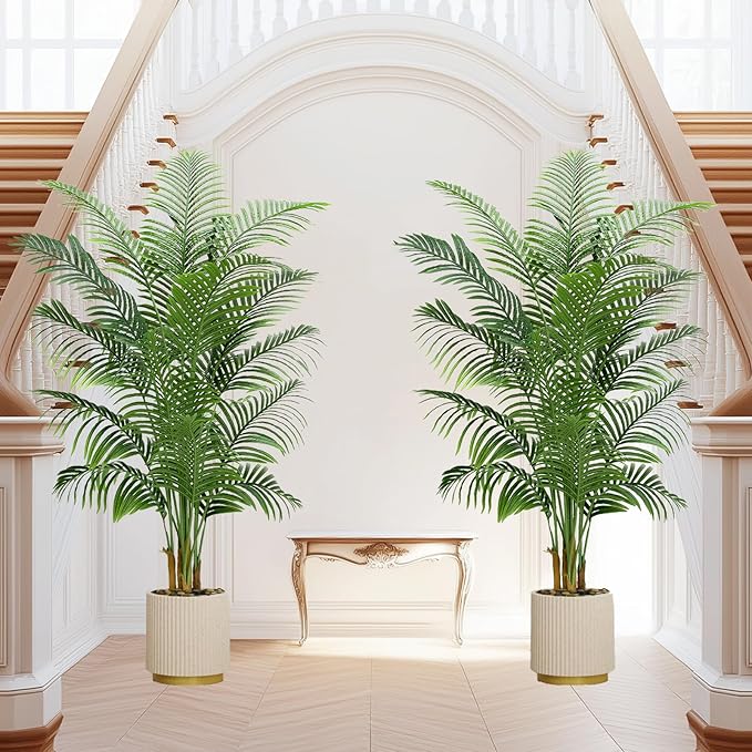 Artificial Palm Tree 7FT - Fake Tree with White Planter - Faux Tropical Areca Floor Plant in Pot - Artificial Silk Plant for Home Office Living Room Decor Indoor Outdoor Artificial Trees