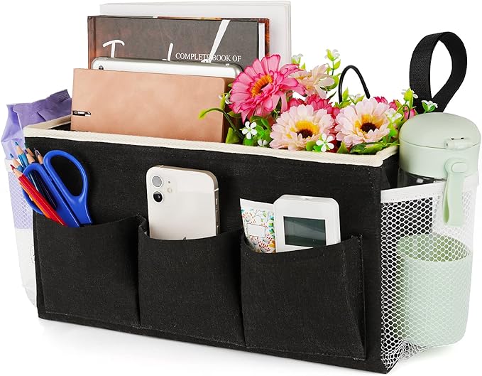 Bedside Caddy Bedside Organizer Bedside Storage Caddy with Fixed Straps and Water Bottle Holder for Home College Dorm Bunk Bed Hospital Bed Crib Bed Rails (Black)