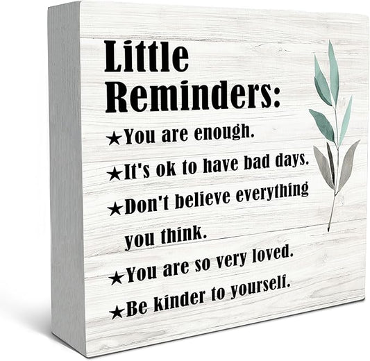 SRADMO Inspirational Little Reminders Wood Box Sign Desk Decor 8x8, Inspirational Desk Decor, College Motivational Positive Affirmation Gifts Box Sign For Office Home Dorm Tabletop Shelf Decoration