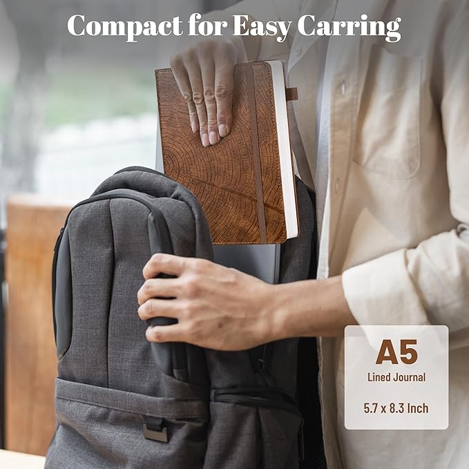 CAGIE Lined Journal for Men Women, Tree Growth Ring Leather Bound Journal Notebook, 256 Pages 100 GSM Journals for Writing, A5 Hardcover Journaling Notebooks,2 Pack (Brown & Brown)