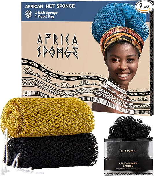 African Net Sponge Black and AntiGolden - 2 Pieces Authentic African Bath Sponges with Knots - Exfoliating Body Scrubber for Men - Back Scrub Exfoliator for Shower Bathroom Accessories