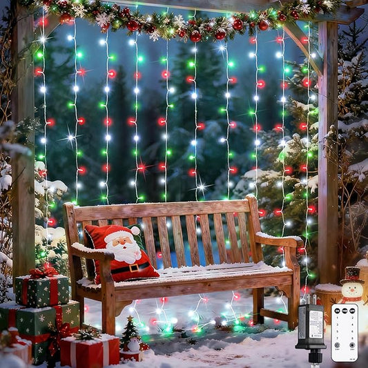 JMEXSUSS 300LED Red White and Green Christmas Curtain Lights with Remote, Indoor Christmas String Lights Plug in, Hanging Twinkle Lights for Bedroom Window Wall Yard Outdoor Xmas Decor, 9.8x9.8ft