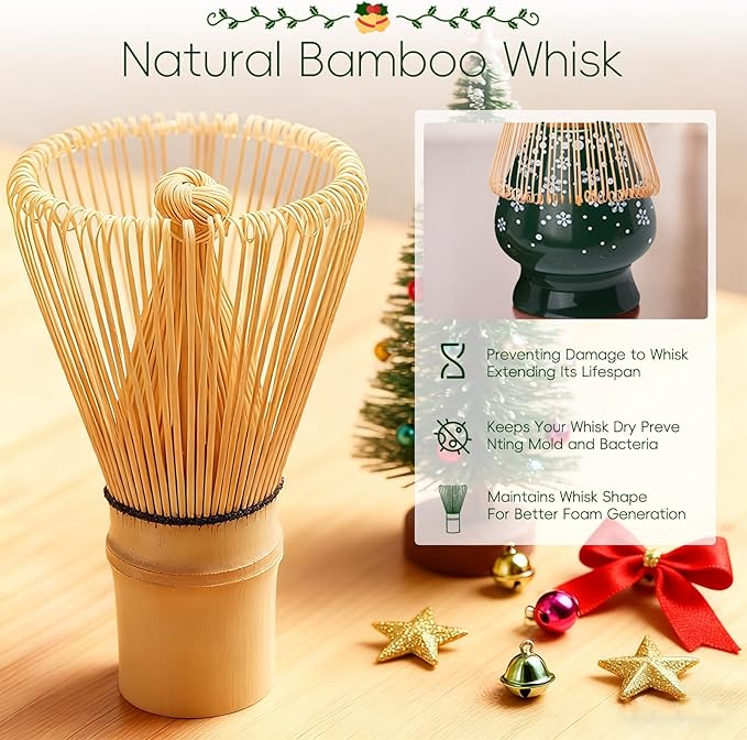 Christmas Gifts Matcha Whisk Set, Ceramic Matcha Set Includes Bowl & Holder, Bamboo Whisk (Chasen), Scoop, Spoon and Sifter, 6PCS Matcha Kit Covers Everything Needed for Making Matcha