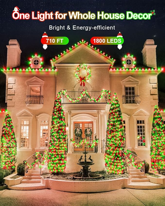 Red Green Christmas Lights Outdoor Total 710FT 1800 LED,Extra Long String Waterproof, Timer & Memory, 8 Modes Dimmable Plug in Fairy for Outside Tree Holiday Party Wedding Decor
