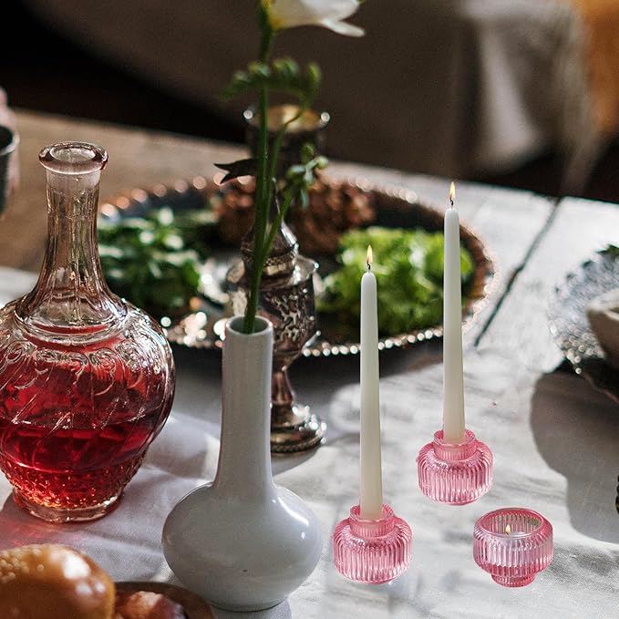 Woho Pink Candlestick Holders for Taper Candles Set of 4, Glass Taper Candle Holders Bulk for Birthday Party, Tea Lights Candle Holder for Wedding Festival