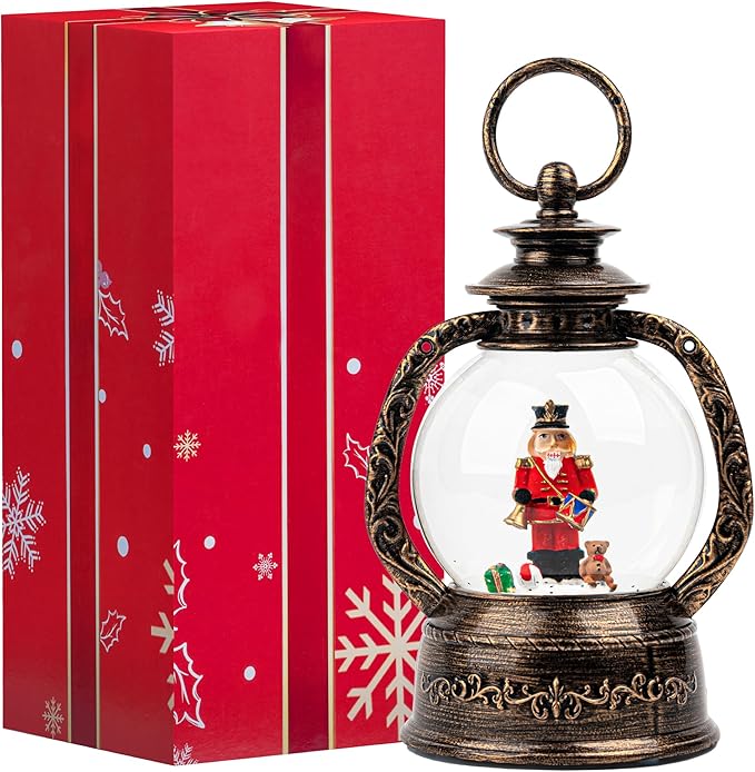 Musical Snow Globe Lantern Lighted Nutcracker Christmas Snow Water Lantern Swirling Glittering Home Decoration and Gift, Battery Operated or USB Powered