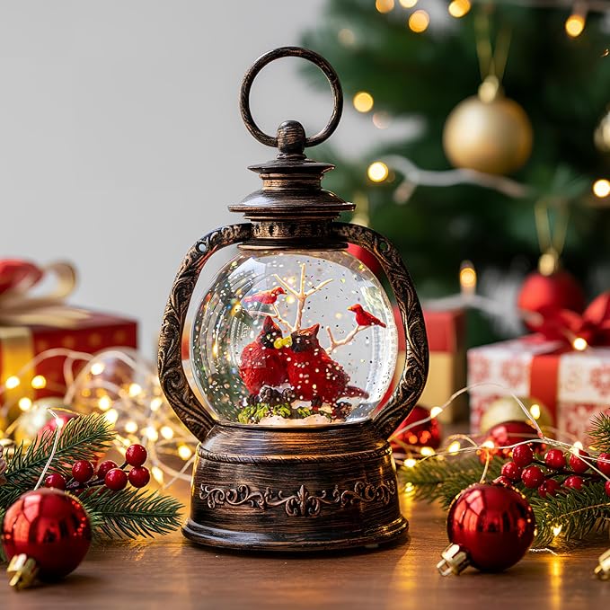 Musical Snow Globe Lantern Lighted 2 Cardinal Christmas Snow Water Lantern Swirling Glittering Home Decoration and Gift, Battery Operated or USB Powered