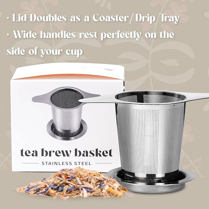 Fine Mesh Loose Tea Infuser −18/8 Stainless Steel, Large Capacity, Wide Double Handles−Fits Cups, Mugs, Small Teapots−Loose Leaf Tea Brew Basket, Steeper & Strainer −The Elegant Elephant
