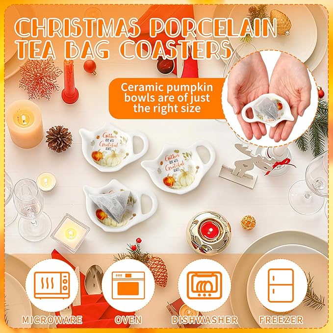 Set of 6 Thanksgiving Fall Pumpkin Tea Bag Holders Porcelain Ceramic Teapot Shaped Coasters Tea Bag Plate Spoon Rests Pad Saucer Seasoning Dish Set for Party Decoration Gifts, 3.7x2.75''