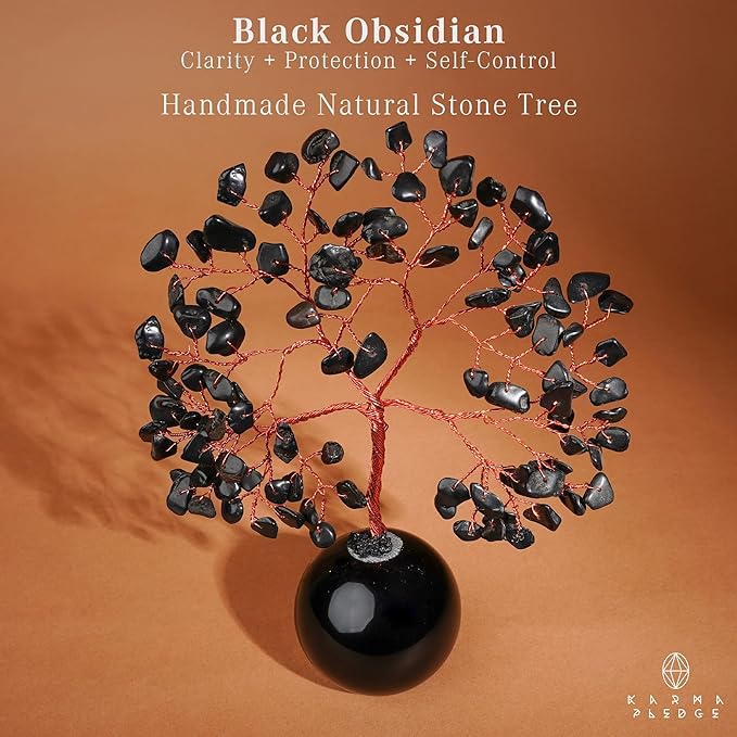 Crystal Tree of Life Birthday Gifts for Women, Mom Black Obsidian Healing Crystals Tree for 7 Chakra Balance, Reiki Healing, Positive Energy, Good Luck, Money, Meditation, Home and Office Desk Decor