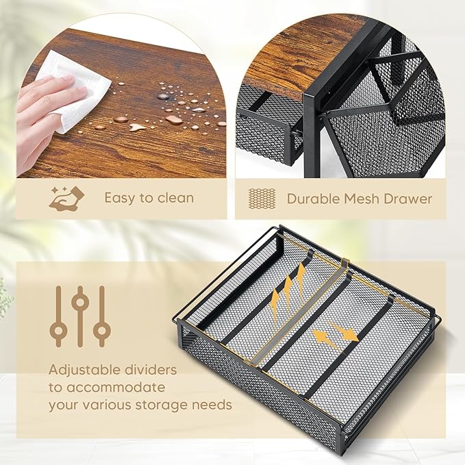 Tea Bag Organizer, Wood Tea Organizer and Storage Cheast, Tea Bag Holder with Storage Drawer, 4 Hooks for Tea Cups Holder, Tea Station Chest Display Container Box for Countertop Kitchen, Brown