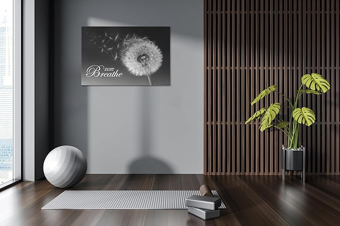 SKASNFAI Just Breathe Wall Art Zen Office Wall Decor Inspirational Yoga Quotes Positive Relax Artwork Picture Black and White Dandelion Posters Print for Meditation Room (20L x 30W)