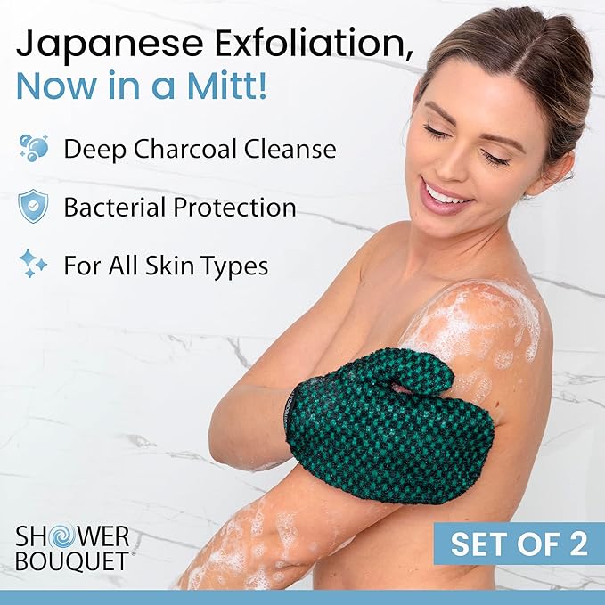 Japanese Exfoliating Mitt 2-Pack - Charcoal & Silver Ion Exfoliating Gloves for Shower - Soft Inner Fabric Gentle Exfoliation & Deep Cleansing Body Scrub Gloves for All Skin Types - 1 White, 1 Green