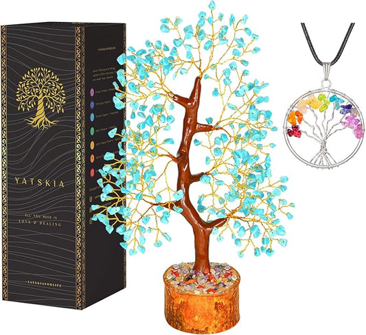 YATSKIA Tourquise Crystal Tree of Life - Turquoise Stone - Turquoise Decor - Stones and Crystals - Spiritual Room Decor - Gifts for Women - Good Luck Gifts