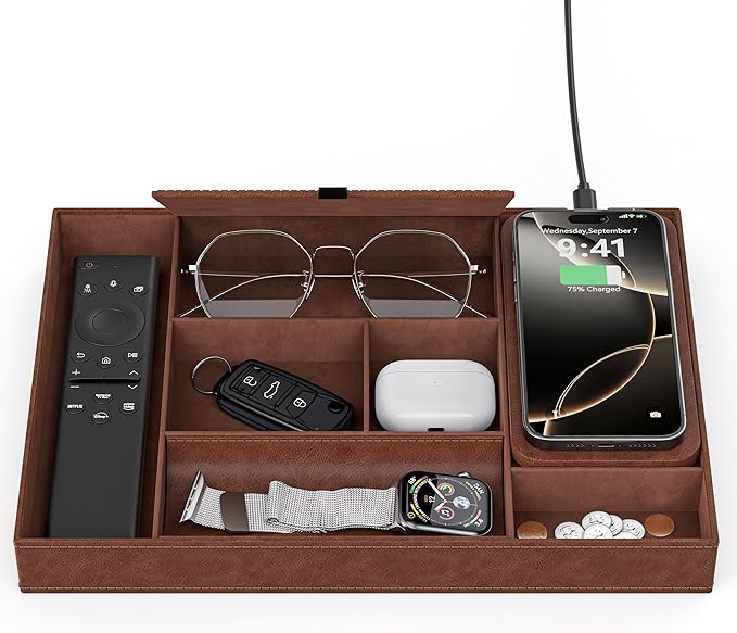 Valet Tray with Wireless Charger, Nightstand Organizer, Leather Desk Drawer Organizer Tray with 7 Compartments for Jewelries, Watch, Key, Wallet, Phone, Brown