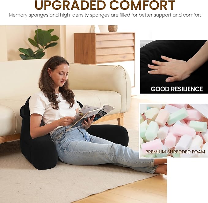 Portable Comfy Reading Pillows for Bed Sitting Up(Black Oeko-Tex), Velvet Back Pillow with Arms & Pockets for Adults, Support Memory Foam Bed Pillow for Dorm/Reading/Watching/Gaming