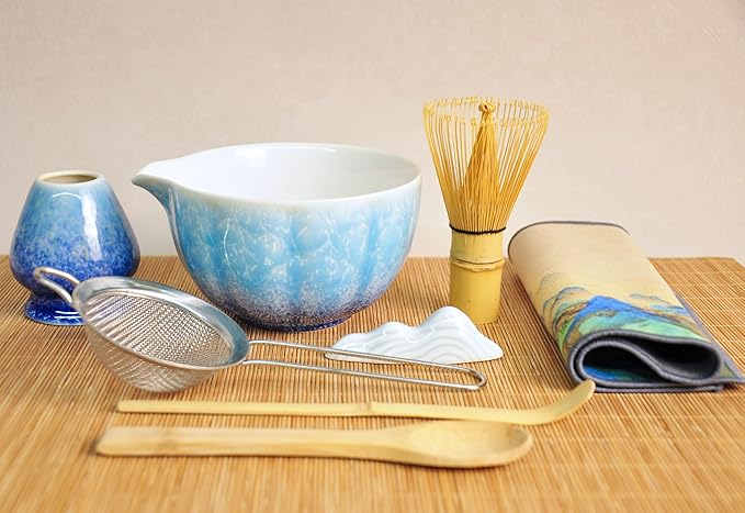 Matcha Whisk set, 8pcs Matcha Making Kit Includes Ceramic Bowl, Bamboo Whisk (Chasen), Whisk Holder, Sifter, Bamboo Scoop, Scoop Rest, Tea Towel, Macha kit for Matcha Tea Ceremony, Blue
