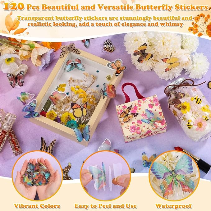 361 Pcs Pressed Dried Flowers with Butterfly Stickers for Crafts, Real Pressed Wildflowers Dry Leaves Bulk with Tweezer for Resin Jewelry Molds, Candle Soap Making, Scrapbook, Bookmark, Nails Decor